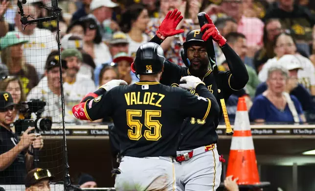 Pittsburgh Pirates' Esmerlyn Valdez (55) is congratulated by Oneil Cruz, center right, after hitting a solo home run against the San Diego Padres in the sixth inning of a baseball game Monday, Aug. 24, 2026, in San Diego. (AP Photo/Derrick Tuskan)