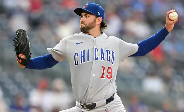 Chicago Cubs starting pitcher David Peterson throws during the first inning of a baseball game against the Washington Nationals, Wednesday, Aug. 12, 2026, in Washington. (AP Photo/John McDonnell)