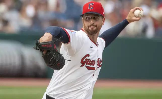 Cleveland Guardians starting pitcher Foster Griffin delivers against the New York Mets during the first inning of a baseball game, Thursday, Aug. 6, 2026, in Cleveland. (AP Photo/Phil Long)