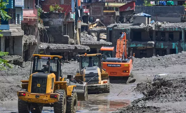 Earthmovers clear the debris of flash flooding in Nepal's Nuwakot district, Thursday, Aug. 27, 2026. (AP Photo/Niranjan Shrestha)