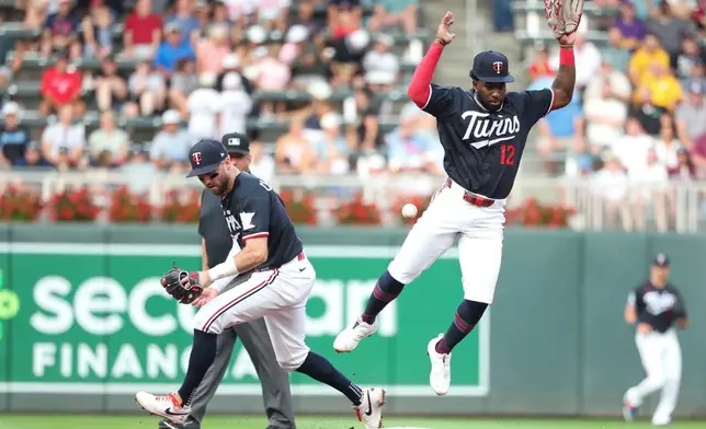 Minnesota Twins second baseman Kody Clemens and shortstop Kaelen Culpepper are unable to field the ball hit by Baltimore Orioles' Yohel Pozo during the first inning of a baseball game, Tuesday, Aug. 11, 2026, in Minneapolis. (AP Photo/Matt Krohn)