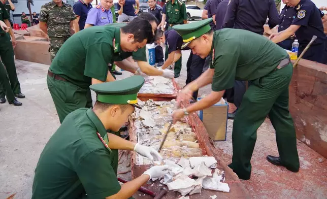 Policemen inspect a log that was being used to conceal 1.2-tons of trafficked ivory at Quy Nhon port in Gia Lai province, Vietnam, Aug. 12, 2026. (Nguyen Sy Thang/VNA via AP)