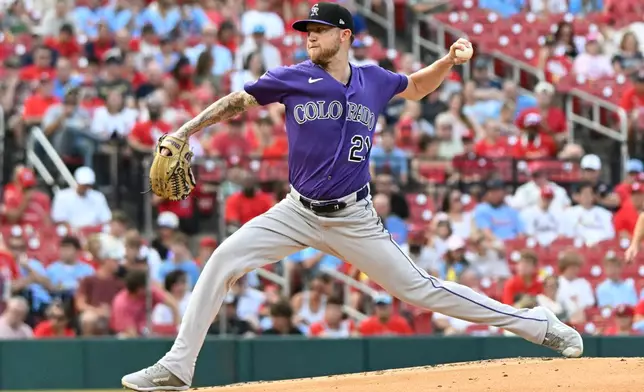 Colorado Rockies' Kyle Freeland (21) ptches during the first inning of a baseball game against the St. Louis Cardinals Saturday, Aug. 8, 2026, in St. Louis. (AP Photo/Lexie Knight)