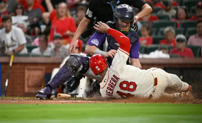 St. Louis Cardinals' Iván Herrera (48) successfully slides to home plate during the bottom of the fifth inning of a baseball against the Colorado Rockies game Saturday, Aug. 8, 2026, in St. Louis. (AP Photo/Lexie Knight)