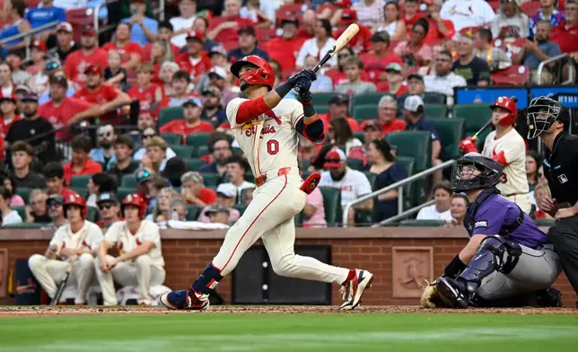 St. Louis Cardinals' Masyn Winn (0) follows through after hitting during the bottom of the fourth inning of a baseball game against the Colorado Rockies Saturday, Aug. 8, 2026, in St. Louis. (AP Photo/Lexie Knight)