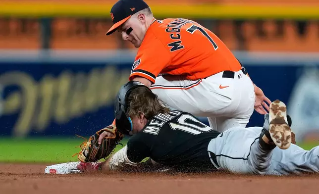 Chicago White Sox's Chase Meidroth (10) slides safely into second base ahead of the tag of Detroit Tigers shortstop Kevin McGonigle (7) during the ninth inning of a baseball game Friday, Aug. 14, 2026, in Detroit. (AP Photo/Paul Sancya)