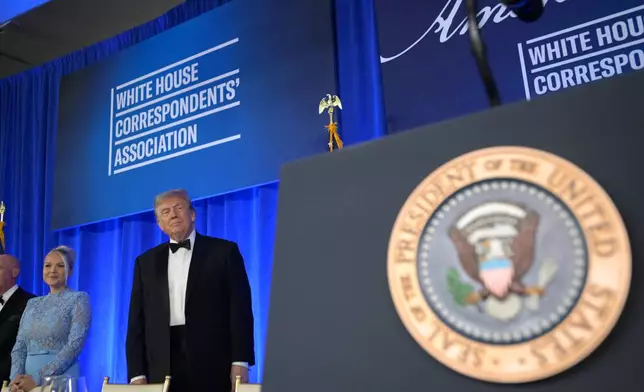 FILE - President Donald Trump attends the White House Correspondents' Association Dinner, at the Waldorf Astoria Washington DC, July 24, 2026, in Washington, with White House press secretary Karoline Leavitt. (AP Photo/Rod Lamkey, Jr., File)