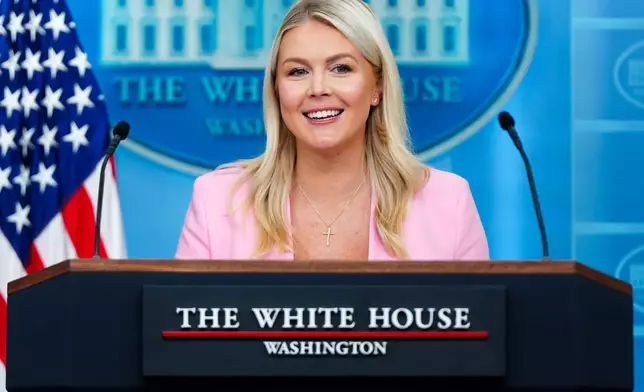 FILE - White House press secretary Karoline Leavitt speaks with reporters in the James Brady Press Briefing Room at the White House, July 16, 2026, in Washington. (AP Photo/Julia Demaree Nikhinson, File)