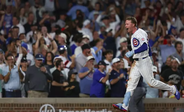 Chicago Cubs' Pete Crow-Armstrong reacts after hitting a walkoff home run during the 10th inning of a baseball game to defeat the Chicago White Sox in Chicago, Monday, Aug. 17, 2026. (AP Photo/Jessie Alcheh)
