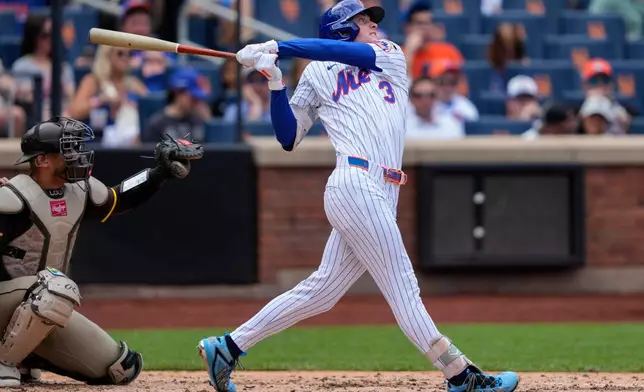 New York Mets' Carson Benge (3) hits a two-run home run during the fourth inning of a baseball game against the San Diego Padres, Wednesday, Aug. 19, 2026, in New York. (AP Photo/Yuki Iwamura)