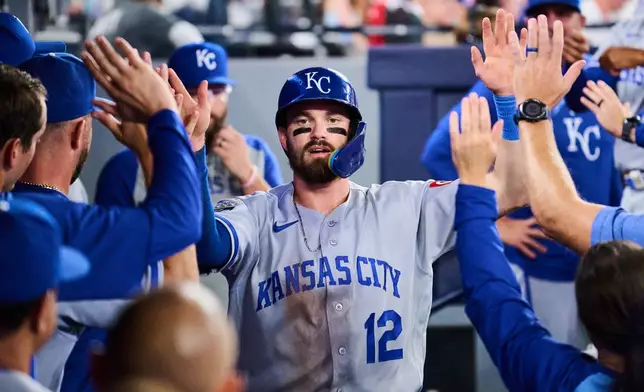 Kansas City Royals' Nick Loftin (12) celebrates with his team after scoring against the Toronto Blue Jays during sixth inning of a baseball game in Toronto, Tuesday, Aug. 25, 2026. (Sammy Kogan/The Canadian Press via AP)