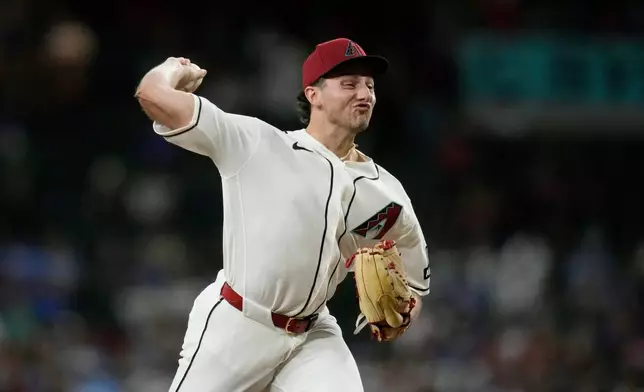 Arizona Diamondbacks starting pitcher Brandon Pfaadt throws against the Chicago Cubs during the first inning of a baseball game, Tuesday, Aug. 25, 2026, in Phoenix. (AP Photo/Ross D. Franklin)