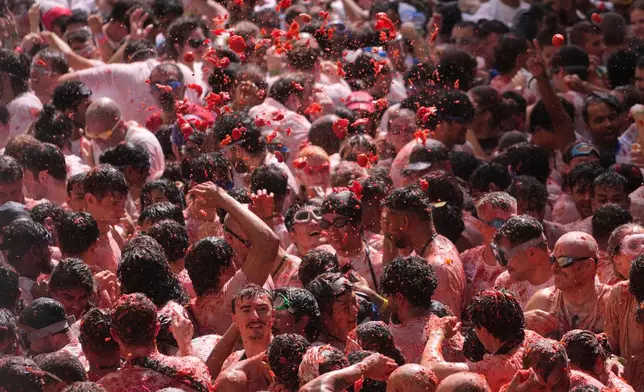 Revelers throw tomatoes at each other during the annual "Tomatina" tomato fight fiesta, in the village of Bunol near Valencia, Spain, Wednesday, Aug. 26, 2026. (AP Photo/Alberto Saiz)