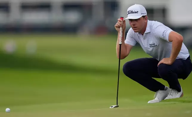 Ryan Gerard lines up his putt on the first green during the third round of the PGA Tour Championship golf tournament, Saturday, Aug 29, 2026, in Atlanta.(AP Photo/Mike Stewart)