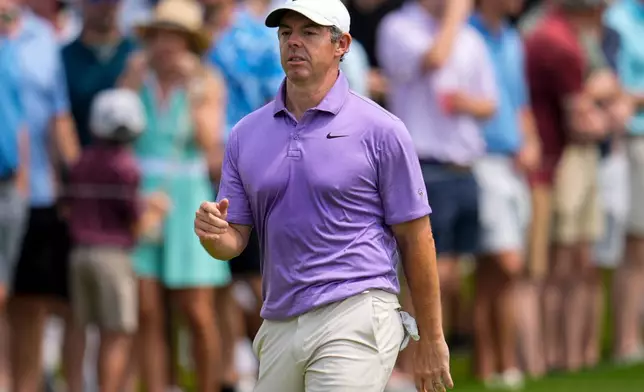 Rory McIlroy, of Northern Ireland, walks to the fith green during the third round of the PGA Tour Championship golf tournament, Saturday, Aug 29, 2026, in Atlanta.(AP Photo/Mike Stewart)