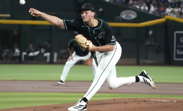 Arizona Diamondbacks pitcher Brandon Pfaadt throws against the Los Angeles Dodgers in the first inning of a baseball game, Saturday, Aug 8, 2026, in Phoenix. (AP Photo/Rick Scuteri)