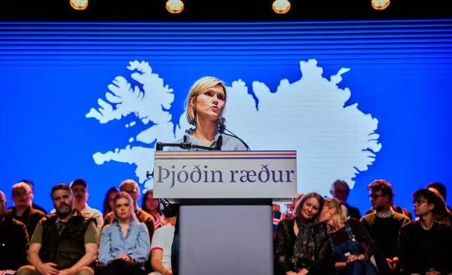 Icelandic Prime Minister Kristrun Frostadottir speaks at a public event about a referendum on whether to resume accession negotiations with the European Union in Reykjavik, Iceland, Wednesday, Aug. 26, 2026. (AP Photo/Marco Di Marco)