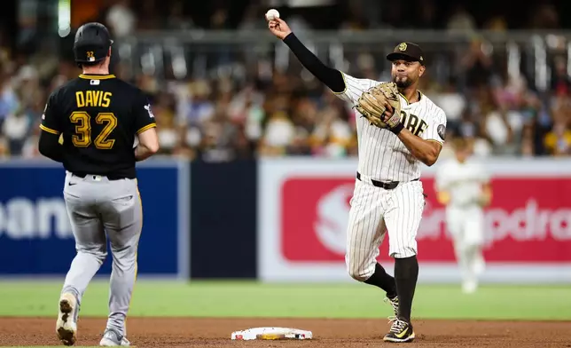 San Diego Padres shortstop Xander Bogaerts, right, throws to first to complete a double play after forcing out Pittsburgh Pirates' Henry Davis at second base on a ball hit by Spencer Horwitz in the fifth inning of a baseball game, Tuesday, Aug. 25, 2026, in San Diego. (AP Photo/Derrick Tuskan)
