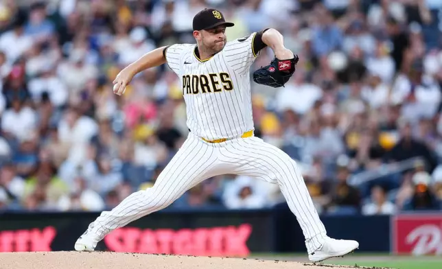 San Diego Padres pitcher Michael King works against the Pittsburgh Pirates in the first inning of a baseball game Tuesday, Aug. 25, 2026, in San Diego. (AP Photo/Derrick Tuskan)