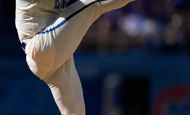 Los Angeles Dodgers starting pitcher Tarik Skubal throws to the plate during the sexond inning of a baseball game against the Pittsburgh Pirates, Saturday, Aug. 22, 2026, in Los Angeles. (AP Photo/Mark J. Terrill)