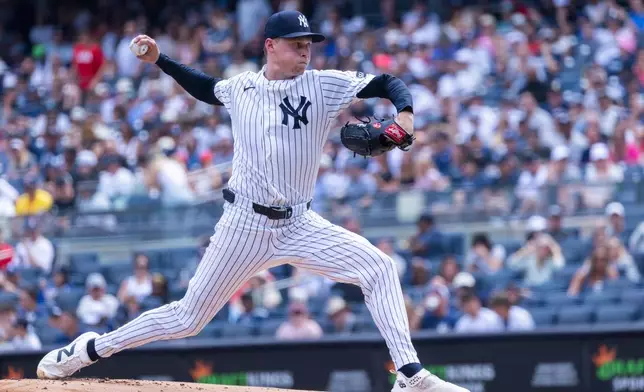 New York Yankees pitcher Will Warren throws in the first inning during a baseball game against the Boston Red Sox, Sunday, Aug. 30, 2026, in New York. (AP Photo/Corey Sipkin)