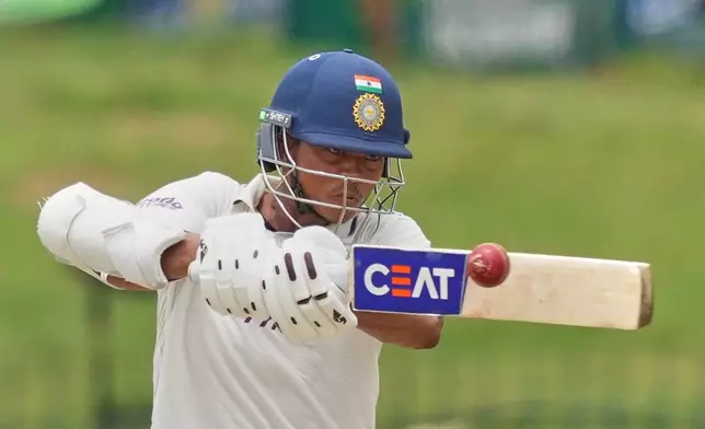 India's Yashasvi Jaiswal plays a shot during day one of the second cricket test match between Sri Lanka and India in Colombo, Sri Lanka, Sunday, Aug. 23, 2026. (AP Photo/Eranga Jayawardena)