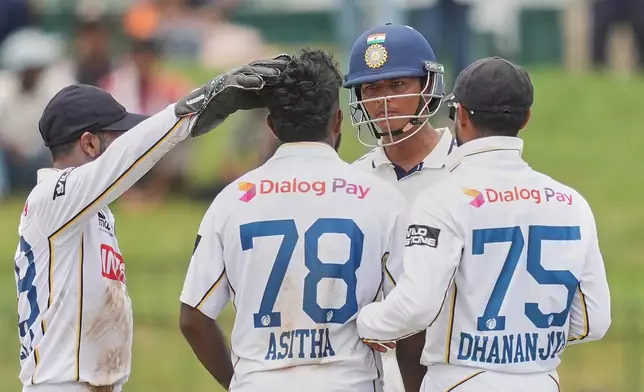 India's Yashasvi Jaiswal and Sri Lanka's Asitha Fernando exchange words during day one of the second cricket test match between Sri Lanka and India in Colombo, Sri Lanka, Sunday, Aug. 23, 2026. (AP Photo/Eranga Jayawardena)