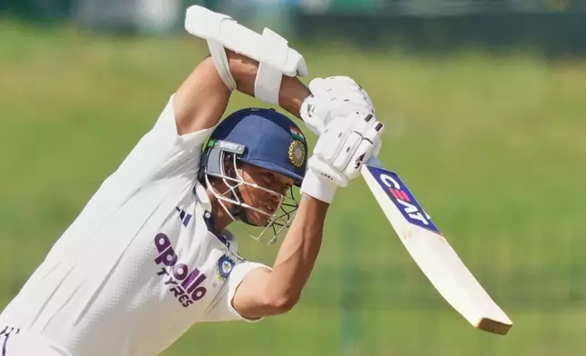 India's Yashasvi Jaiswal plays a shot during day one of the second cricket test match between Sri Lanka and India in Colombo, Sri Lanka, Sunday, Aug. 23, 2026. (AP Photo/Eranga Jayawardena)