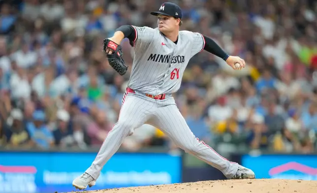 Minnesota Twins pitcher Connor Prielipp throws during the second inning of a baseball game against the Milwaukee Brewers, Sunday, Aug. 9, 2026, in Milwaukee. (AP Photo/Kayla Wolf)