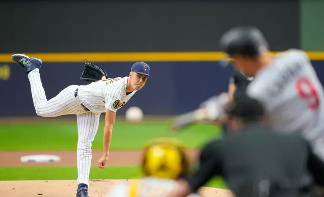 Milwaukee Brewers pitcher Jacob Misiorowski throws during the first inning of a baseball game against the Minnesota Twins, Sunday, Aug. 9, 2026, in Milwaukee. (AP Photo/Kayla Wolf)