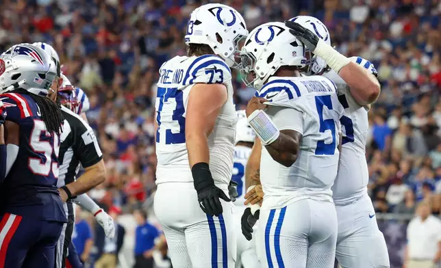Indianapolis Colts quarterback Anthony Richardson Sr. (5) celebrates his touchdown with teammates during the first half of an NFL preseason football game against the New England Patriots, Thursday, Aug. 13, 2026, in Foxborough, Mass. (AP Photo/Mark Stockwell)