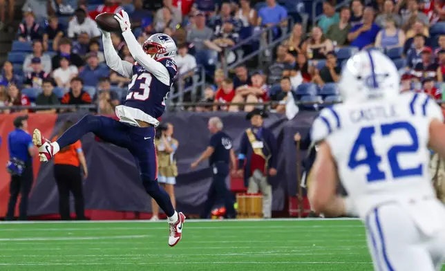 New England Patriots defensive back John Saunders Jr. (23) intercepts a pass against the Indianapolis Colts during the second half of an NFL preseason football game, Thursday, Aug. 13, 2026, in Foxborough, Mass. (AP Photo/Mark Stockwell)