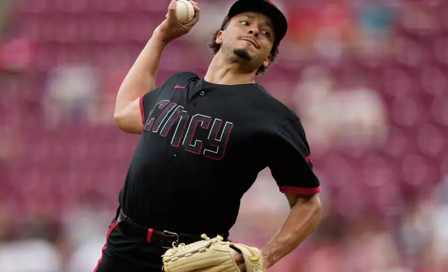 Cincinnati Reds pitcher Chase Burns throws during the second inning of a baseball game against the Miami Marlins in Cincinnati, Friday, Aug. 14, 2026. (AP Photo/Carolyn Kaster)