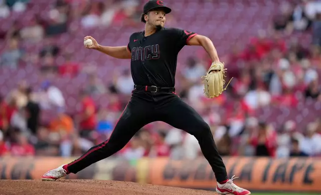 Cincinnati Reds pitcher Chase Burns throws during the first inning of a baseball game against the Miami Marlins in Cincinnati, Friday, Aug. 14, 2026. (AP Photo/Carolyn Kaster)