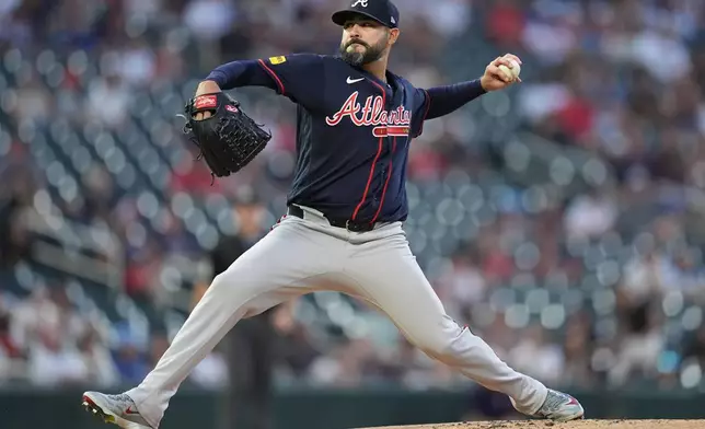 Atlanta Braves starting pitcher Martin Perez delivers during the first inning of a baseball game against the Minnesota Twins, Monday, Aug. 17, 2026, in Minneapolis. (AP Photo/Abbie Parr)