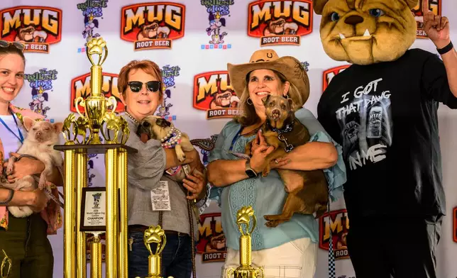 Winners stand with their trophies during the World's Ugliest Dog Contest at the Sonoma County Fair in Santa Rosa, Calif., on Friday, Aug. 14, 2026. (AP Photo/Noah Berger)