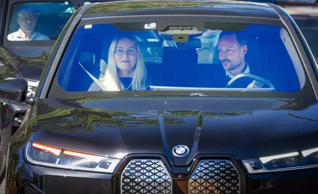 Norway's Crown Prince Haakon and Crown Princess Mette-Marit leave the Rikshospitalet, where King Harald is hospitalized, in Oslo, Tuesday, Aug. 25, 2026. (Ole Berg-Rusten/NTB Scanpix via AP)