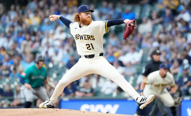 Milwaukee Brewers' Dustin May pitches during the first inning of a baseball game against the Seattle Mariners, Wednesday, Aug. 19, 2026, in Milwaukee. (AP Photo/Aaron Gash)