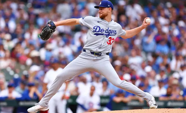 Los Angeles Dodgers pitcher Eric Lauer (33) throws to a Chicago Cubs batter during the first inning of a baseball game in Chicago, Wednesday, Aug. 5, 2026. (AP Photo/Jessie Alcheh)