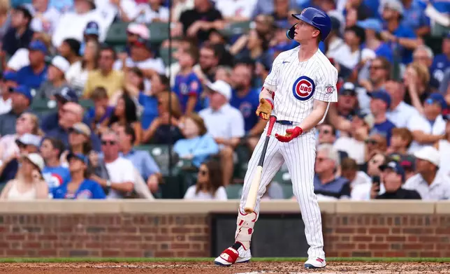 Chicago Cubs designated hitter Pete Crow-Armstrong drops the bat after hitting a home run during the fourth inning of a baseball game against the Los Angeles Dodgers in Chicago, Wednesday, Aug. 5, 2026. (AP Photo/Jessie Alcheh)