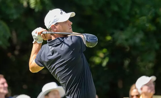 Thomas Pieters, of 4Aces GC, hits from the 10th tee during the final round of LIV Golf Indianapolis, Sunday, Aug. 23, 2026, in Westfield, Ind. (Montana Pritchard/LIV Golf via AP)