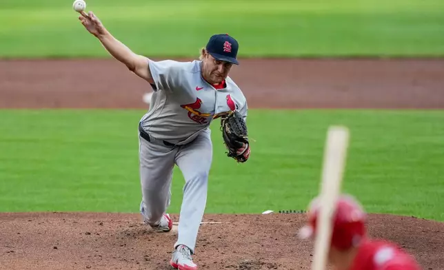 St. Louis Cardinals pitcher Kyle Leahy throws during the first inning of a baseball game against the Cincinnati Reds, Tuesday, Aug. 18, 2026. (AP Photo/Carolyn Kaster)