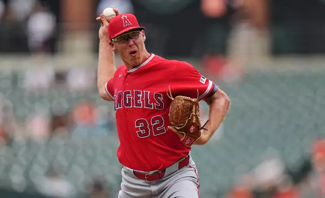 Los Angeles Angels starting pitcher Ryan Johnson (32) delivers during the first inning of a baseball game against the Baltimore Orioles, Thursday, Aug. 6, 2026, in Baltimore. (AP Photo/Stephanie Scarbrough)