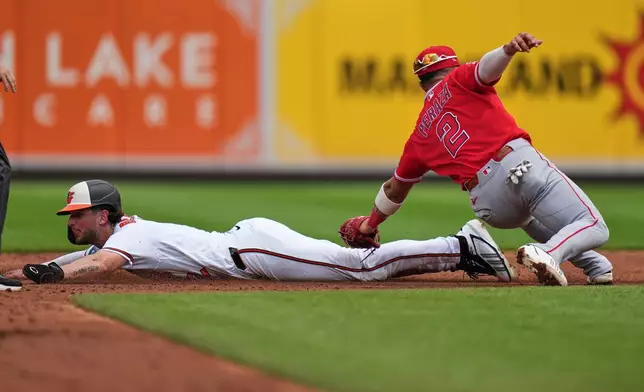 Baltimore Orioles' Dylan Beavers, left, is caught stealing second base by Los Angeles Angels second baseman Oswald Peraza (2) during the third inning of a baseball game, Thursday, Aug. 6, 2026, in Baltimore. (AP Photo/Stephanie Scarbrough)