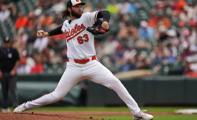 Baltimore Orioles starting pitcher Brandon Young (63) delivers during the second inning of a baseball game against the Los Angeles Angels, Thursday, Aug. 6, 2026, in Baltimore. (AP Photo/Stephanie Scarbrough)