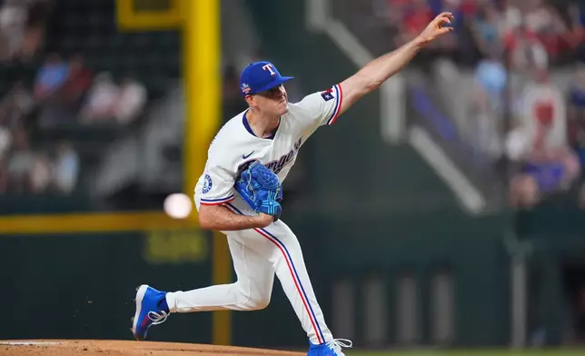 Texas Rangers starting pitcher Cody Bradford throws during the first inning of a baseball game against the Los Angeles Angels, Saturday, Aug. 22, 2026, in Arlington, Texas. (AP Photo/LM Otero)