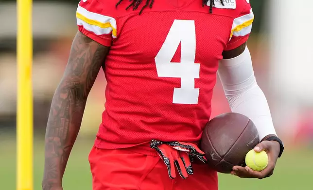 Kansas City Chiefs wide receiver Rashee Rice practices during NFL football training camp Saturday, Aug. 1, 2026, in St. Joseph, Mo. (AP Photo/Charlie Riedel)