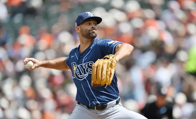Tampa Bay Rays pitcher Nick Martinez delivers against the Baltimore Orioles in the first inning of a baseball game Sunday, Aug. 23, 2026, in Baltimore. (AP Photo/Gail Burton)