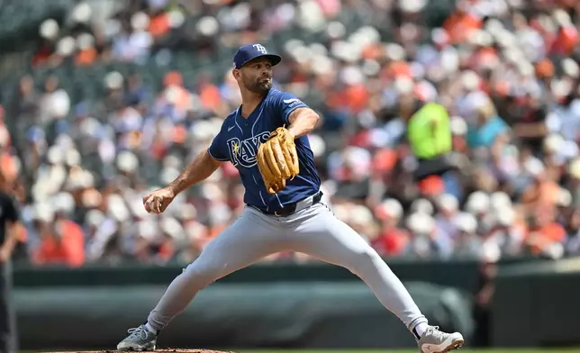 Tampa Bay Rays pitcher Nick Martinez delivers against the Baltimore Orioles in the first inning of a baseball game Sunday, Aug. 23, 2026, in Baltimore. (AP Photo/Gail Burton)