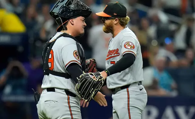 Baltimore Orioles pitcher Cam Sanders, right, and catcher Yohel Pozo celebrate after closing out the Tampa Bay Rays during a baseball game Saturday, Aug. 15, 2026, in St. Petersburg, Fla. (AP Photo/Chris O'Meara)